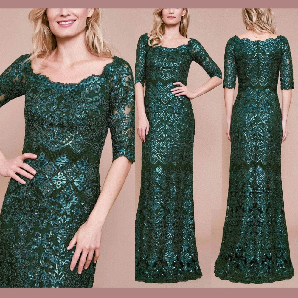Tadashi Shoji Liem Off the Shoulder Sequin Gown in Pine Green Sz 18